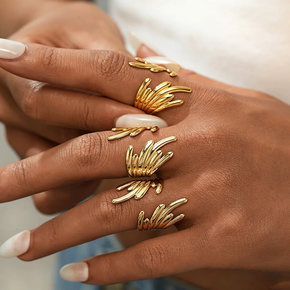 Gold Color Wing Open Ring For Women Dainty Irregular Feather Stackable Finger Rings Stainless Steel Jewelry Gift Punk Daily