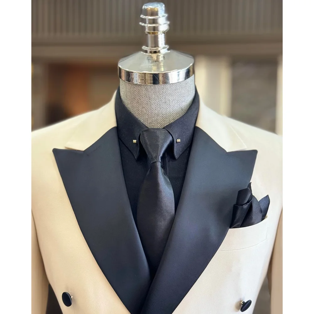 High-end Solid Men Suits Ivory Chic Peaked Lapel Double Breasted 2 Piece Elegant Fashion Party Wedding Tuxedo (Jacket+Pants)