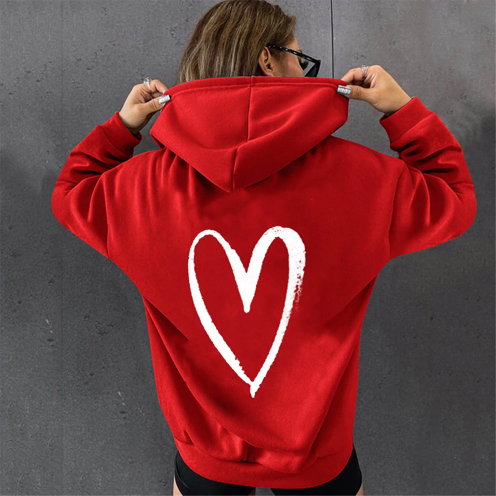 Women's Sweatshirt Loose Heart Printed Long Sleeve O Neck With Pocket Casual Fashion Hoodies Kpop Autumn Hoodies Bluza Damska