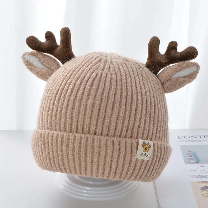 Cartoon Deer Baby Beanie Cap Solid Color Elk Antlers Knitted Hat for Toddler Boy Girl Autumn Winter Warm Kids Pullover Hats