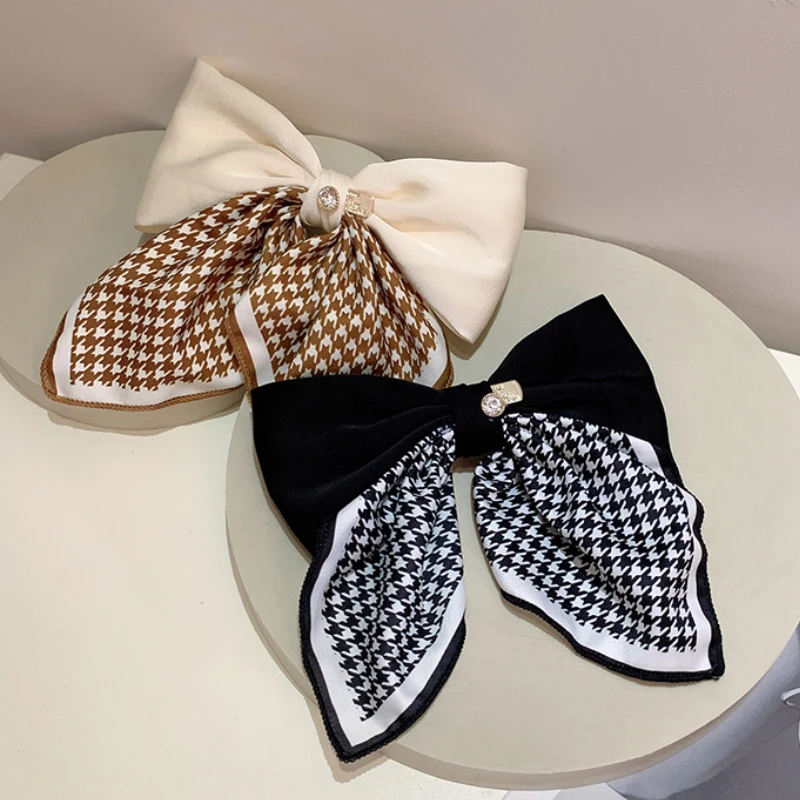 Korea Retro Temperament Hair Clip Barrettes Plover Plaid Color Matching Bow Spring Grip Big Hairpin for Women Girl Headdress New