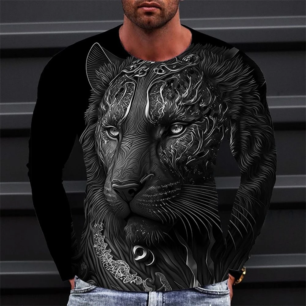 Men's Casual Sports Long Sleeve 3D Printing Fierce Leopard Oversized Men's Loose Top Long Sleeve Spring Breathable Long Sleeve