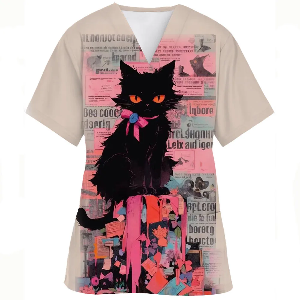 Women's Scrub Top Cute Cat Cartoon Print V-Neck Durable Stretchy Microballistic Perfect For Summers Nursing Uniforms Women Top