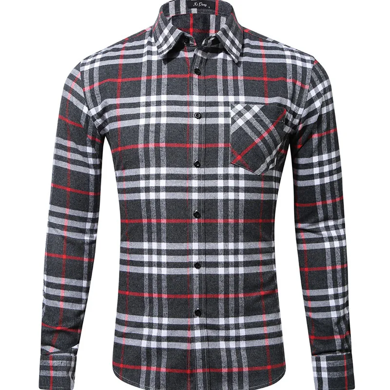 Autumn Plaid Shirts Single Pocket Long Sleeve Standard-Fit Thick Shirts For Men camisas hombre Men's Flannel Shirt Casual  MY811