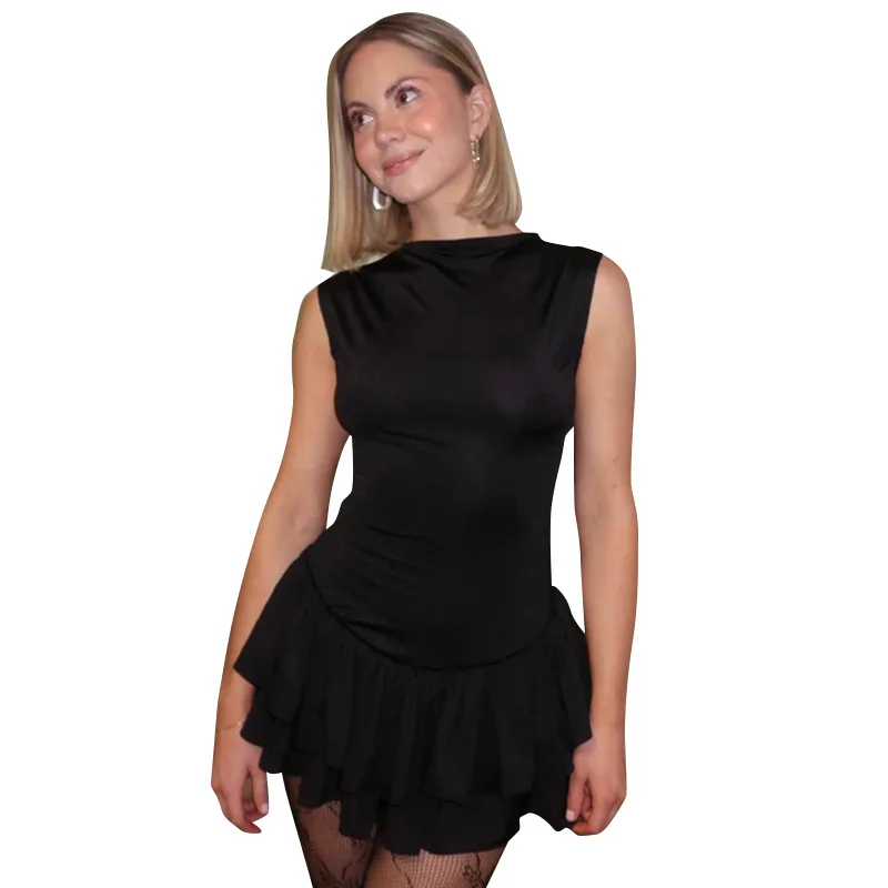 

Women Layered Ruffle Hem Mini Dress Sleeveless Slim Tiered Tank Dress Y2K Aesthetic Round Neck Bodycon Puffy Short White Dress