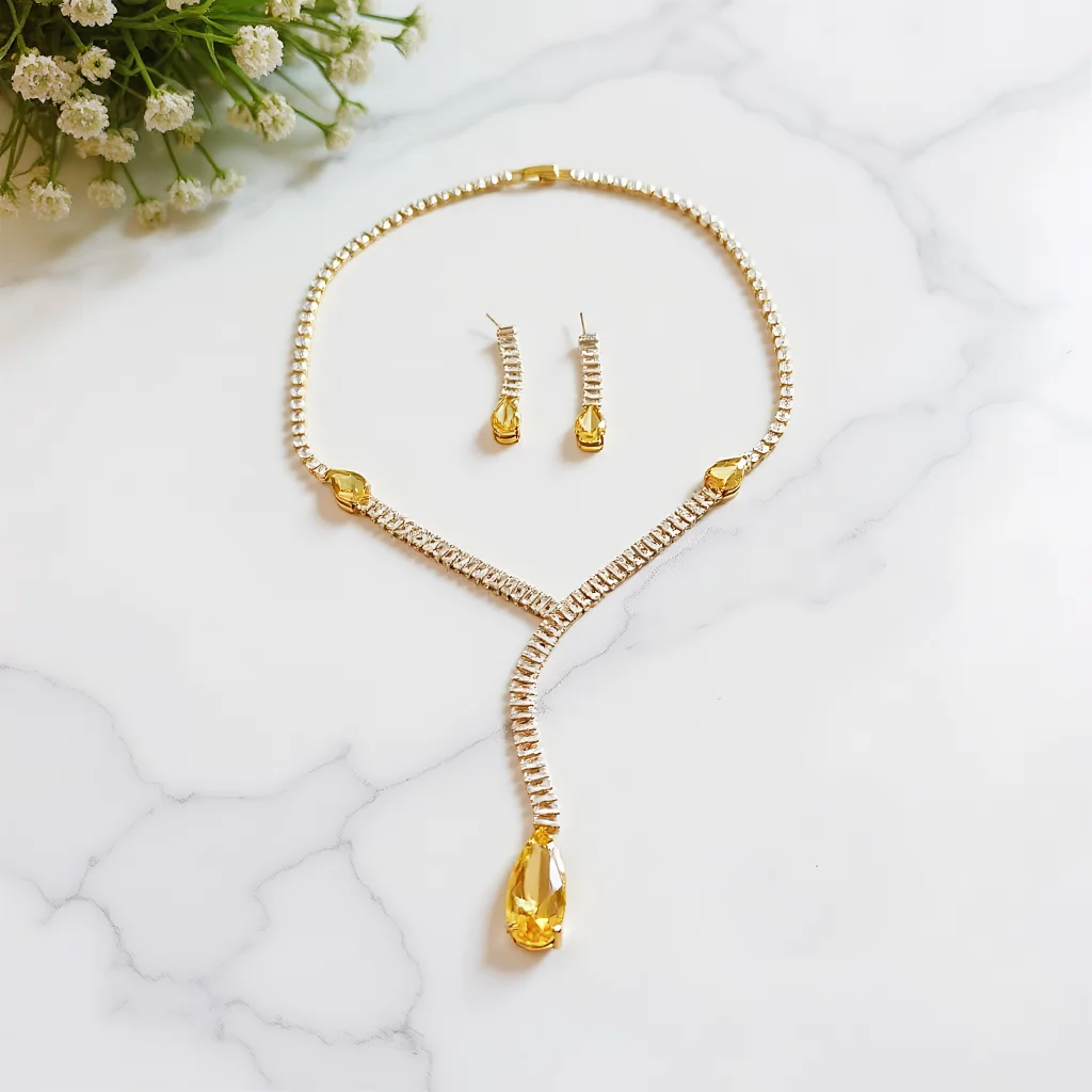 

3pcs Elegant Vintage Jewelry Set for Women Yellow Water Droplets Necklace Shiny Crystal Choker Bridal Wedding Earrings Party