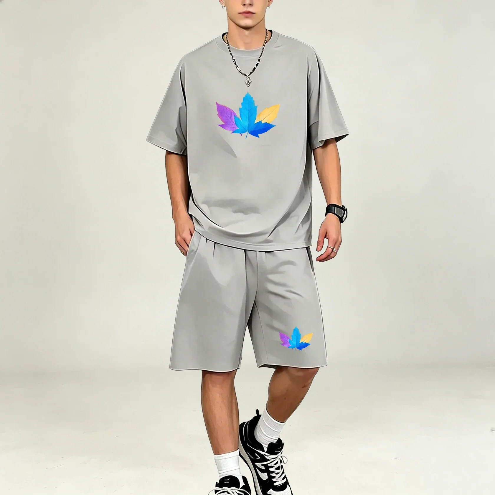 Summer Three Color Leaf Pattern Print Sports Men T-Shirts Sets Quick Dry Oversized Short Sleeve T-Shirt Pocket Shorts Daily Sets view 5