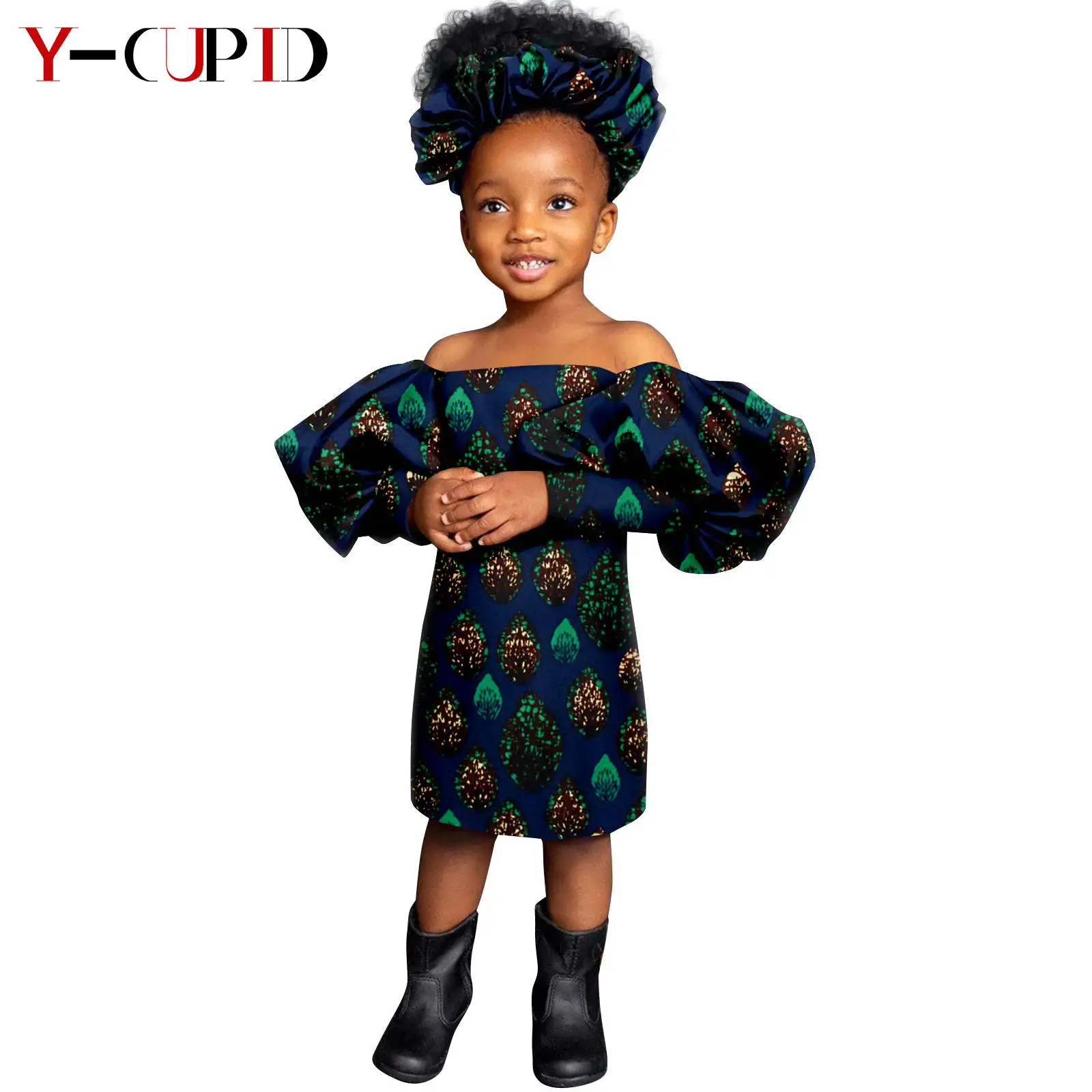 African Clothes for Girls Print Knee-length Dresses with Headtie Dashiki Kids Children Lantern Sleeve Outfits Vestido 2445004