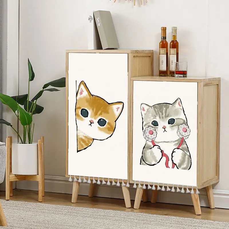 VIKAMA Watercolor Cat Cabinet Curtain Set Group Cat Stack Bride Cherry Cat Print Closet Cover For Bedroom Kitchen Home Decor