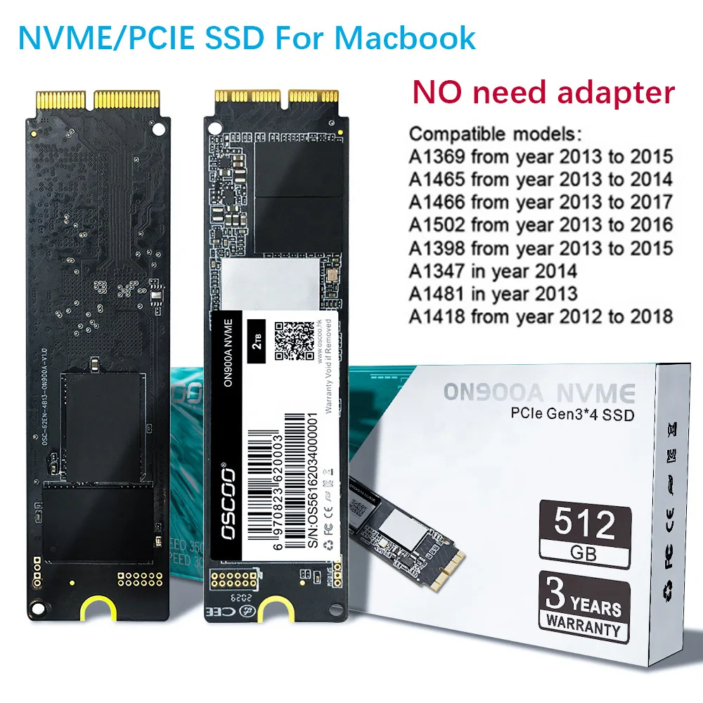 OSCOO NVMe PCIe Gen3.0 * 4 SSD para Macbook, para 2013 2015 2017 Macbook Air A1465 A1466 A1398 A1419 A1418 SSD con herramientas gratis