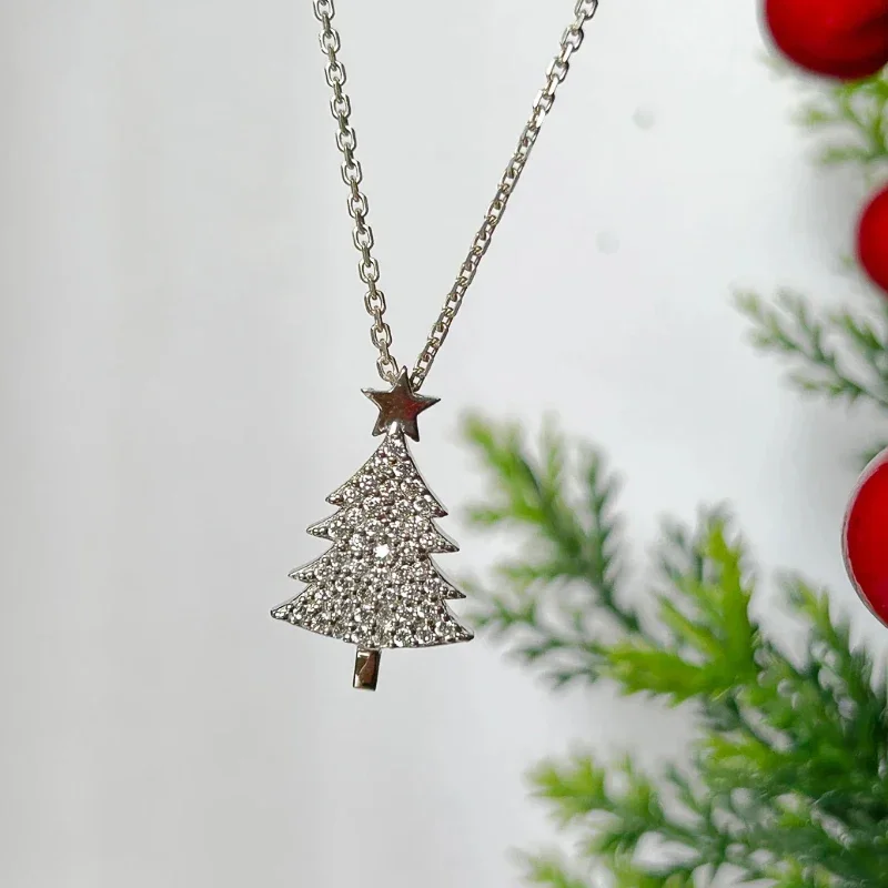 Huitan Bling Bling Christmas Tree Necklace for Women Exquisite New Year’s Neck Necklace Daily Wear Party Delicate Female Jewelry