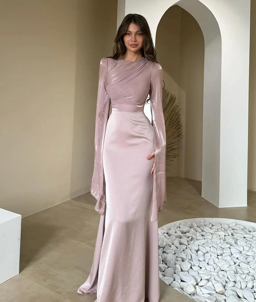 

Customized Classic Satin Mermaid Evening Dress Delicate Long Sleeves O-neck Floor Length Bespoke Occasion Gowns Custom Size