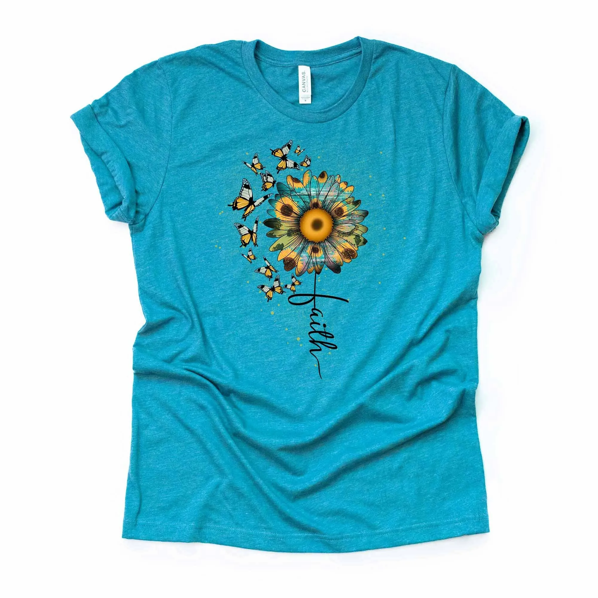 Christian T Shirt Pretty Sunflower With Butterflies Faith Premium Unisex 3 Color Choices 3X 4X