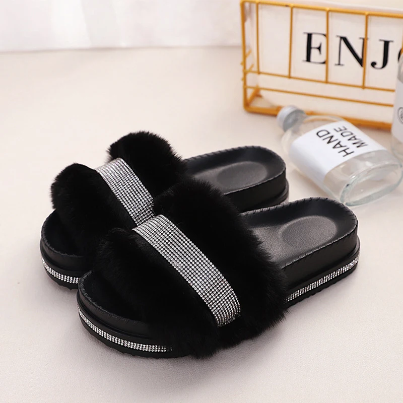 2024 Fur Bright Rhinestone Slippers Women Luxury Platform Heel Fluffy Furry Slides Outside Flip-Flop Ladies Fur Sandals