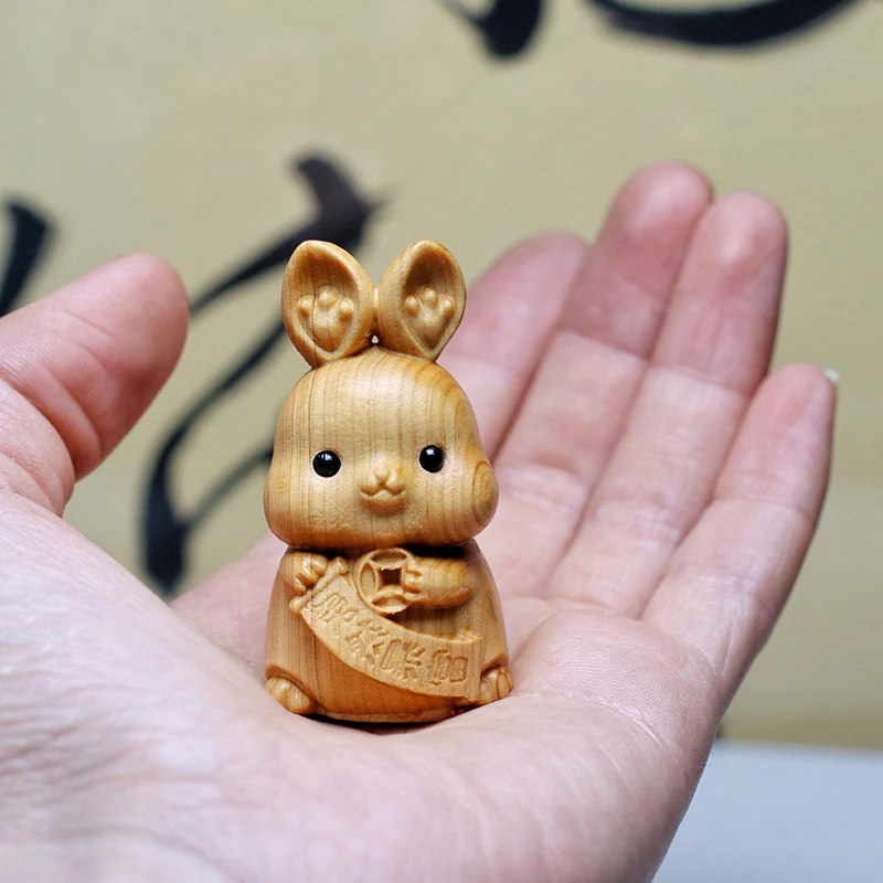 Mini Wood Carving Easter Rabbit Ornaments Zodiac Statue Lucky Rabbit Animal Decor Office Desktop Decor Car Decoration Party Gift