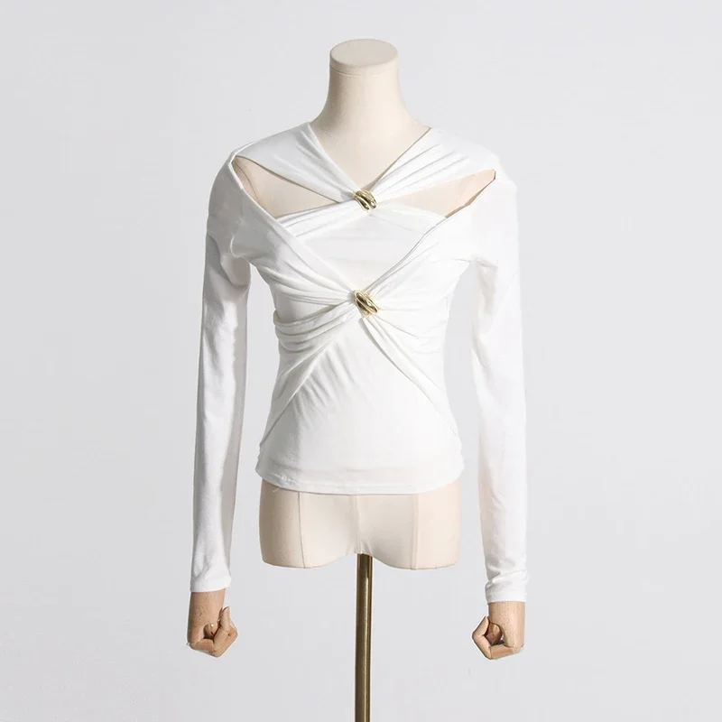 ربيع الموضة النسائية بلون طويل الأكمام تي شيرت مثير الجوف خارج الخامس الرقبة الربط عقدة مرنة ضئيلة رقيقة البلوز القمم