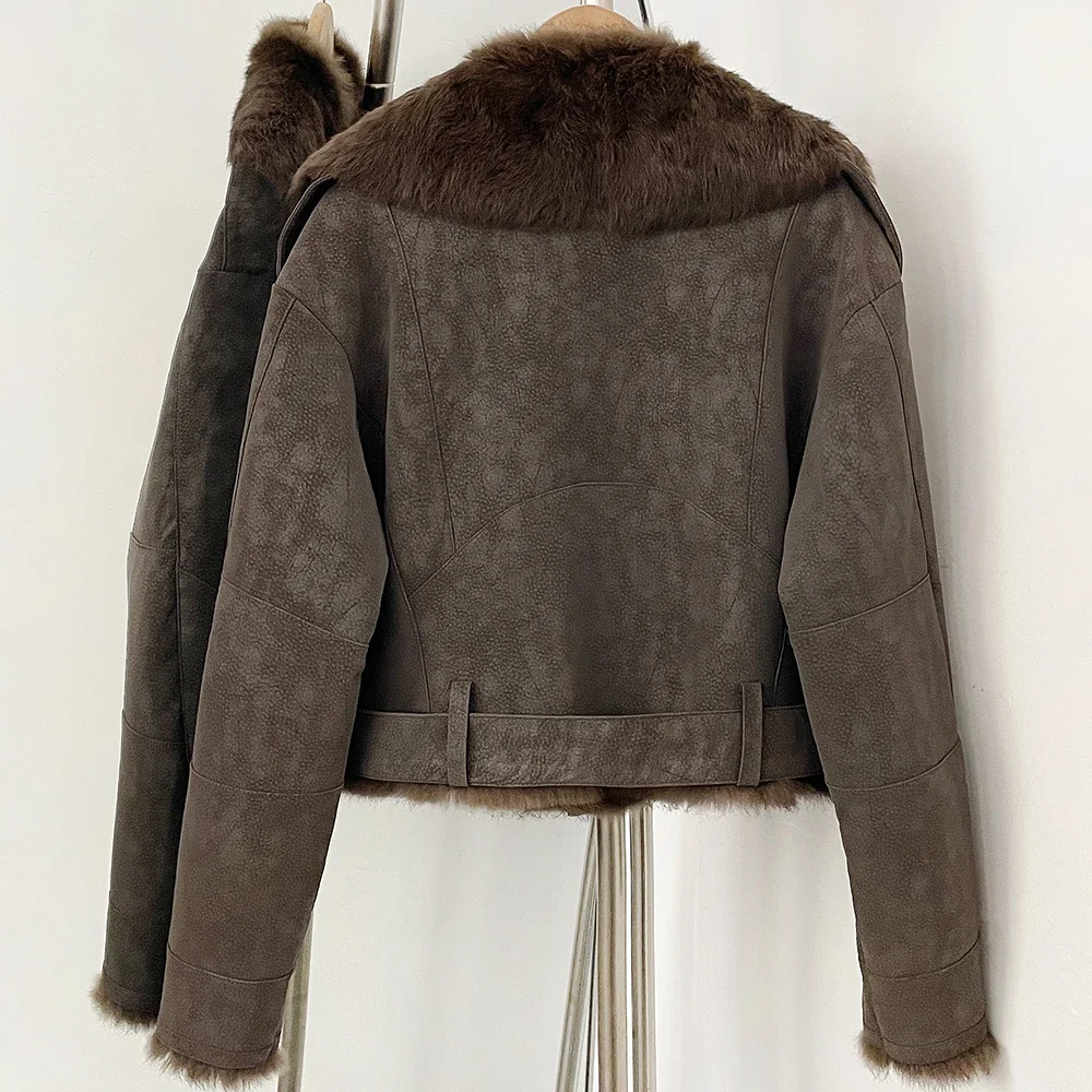 OFTBUY Neuer Winter-Pelzmantel für Damen, Kurze Motorradjacke, Wildleder, Echtes Kaninchenfell, Großer Pelzkragen, Gürtel, Vintage-Kleidung – Detail 9
