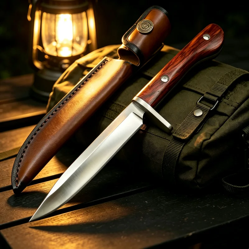 Fixed Blade Collectible Knife, Solid Wood Handle Hand Craft Tool with Leatherette Sheath, Outdoor Camping Display Hand Tool