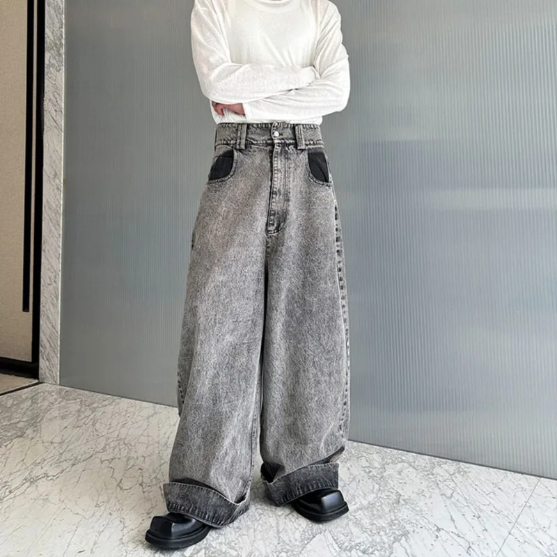 SYUHGFA 2025 Otoño Invierno nuevo estilo coreano pantalones vaqueros para hombres lavado contrato Color diseño de nicho pantalones vaqueros sueltos de pierna ancha para hombres