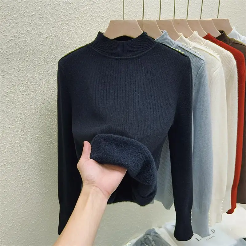 Semi-turtleneck Integrated Fleece Bottoming Shirt Autumn and Winter New Beaded Knitted Sweater with Thick Top Inside