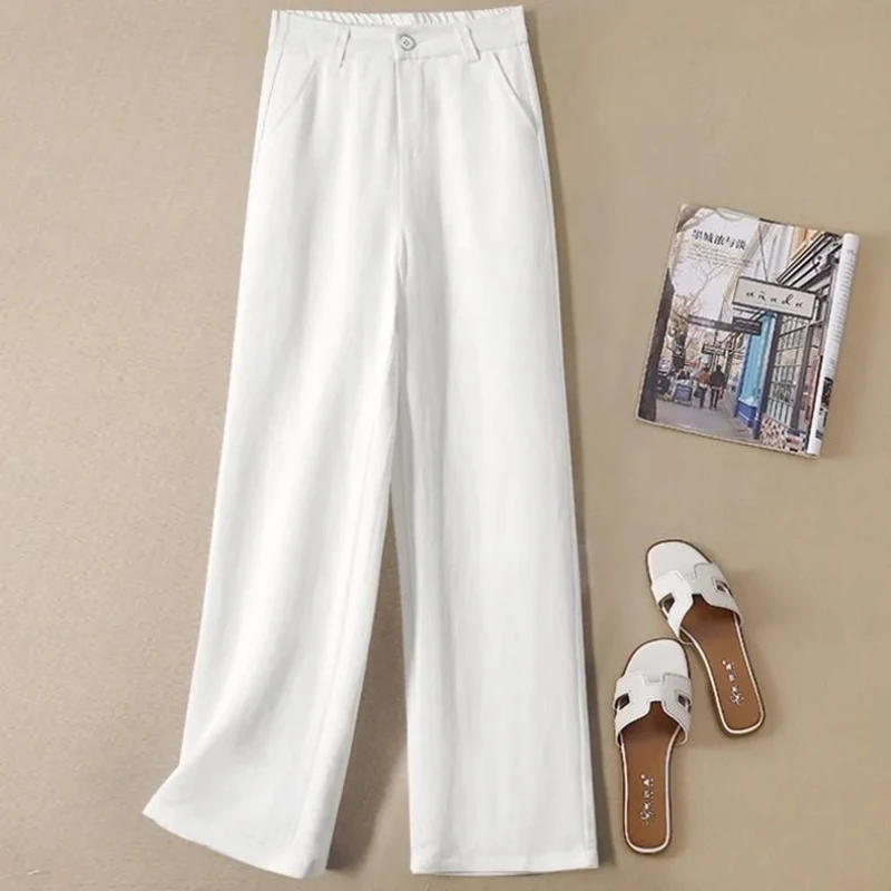 Summer Baggy Cotton Linen Pants Women Elegant High Waist White Wide Leg Pants Woman Casual Loose Straight Streetwear Bottom New