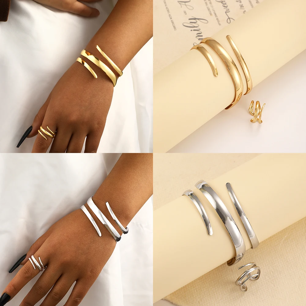 Mode Metall Offenes Armband & Ring Set Für Frauen Gold Silber Farbe Glatte Armreif Ringe Elegante Schmuck Zubehör