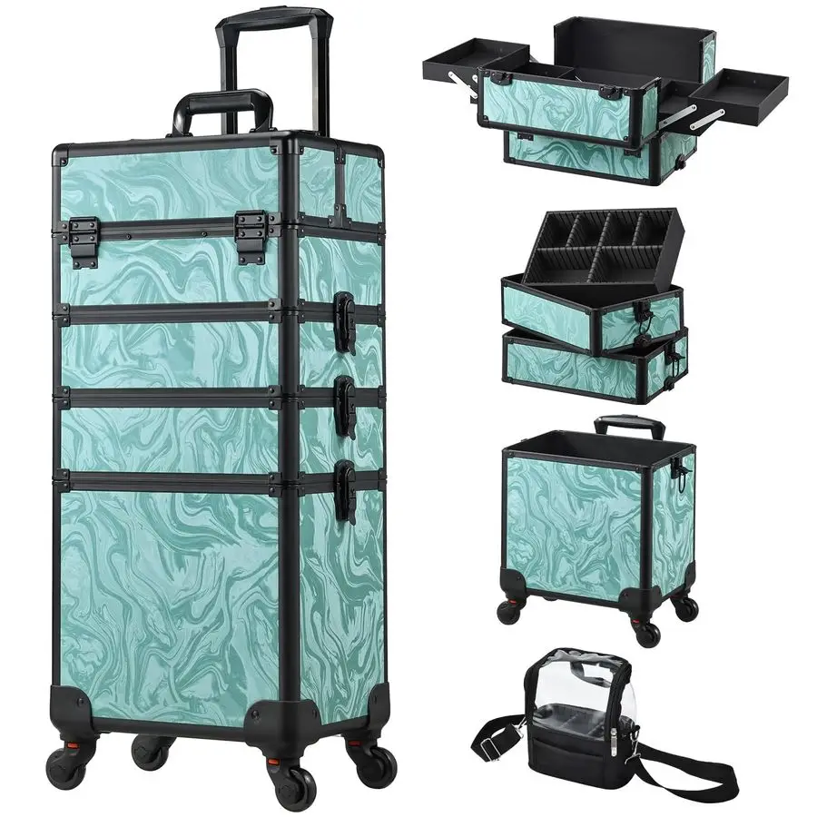 

Rolling Makeup Case 4 in 1 Cosmetology Case on Wheels Makeup Travel Case with Cosmetic Bag Key Swivel Wheels Salon Barber Case T