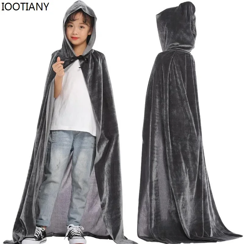 CosplayNew هالوين الاطفال الكبار الساحرة الموت تأثيري عباءة مقنعين ازياء القرون الوسطى عباءة كرنفال حفلة المخملية تظهر زي طويل