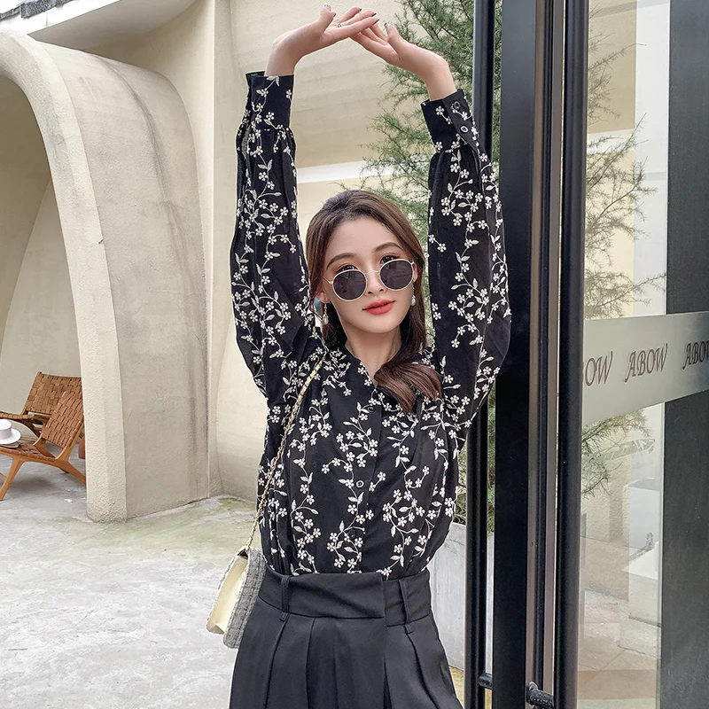 Floral Printing Chiffon Blouse V-neck Single Breast Long Sleeves Loose Design Spring Summer Fashion Lady Blouse