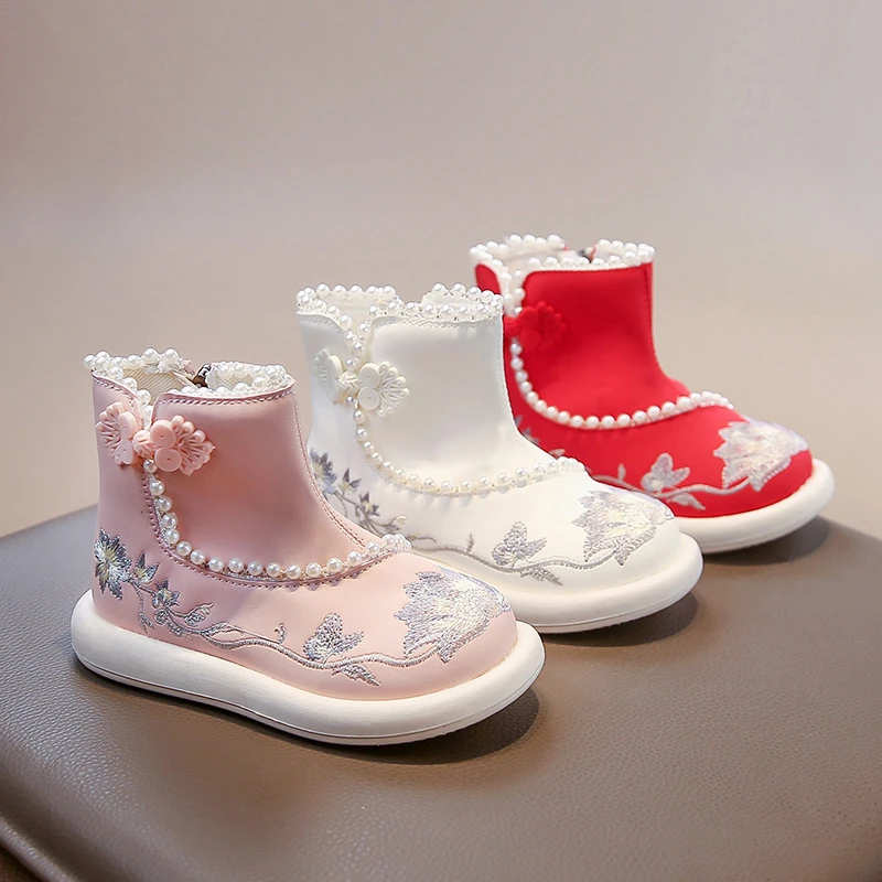 

Kids Short Boots Hanfu Chinese Style Girls Princess Boots Sweet Beading 2025 Autumn Winter Children Ankle Boots Embroidered Soft