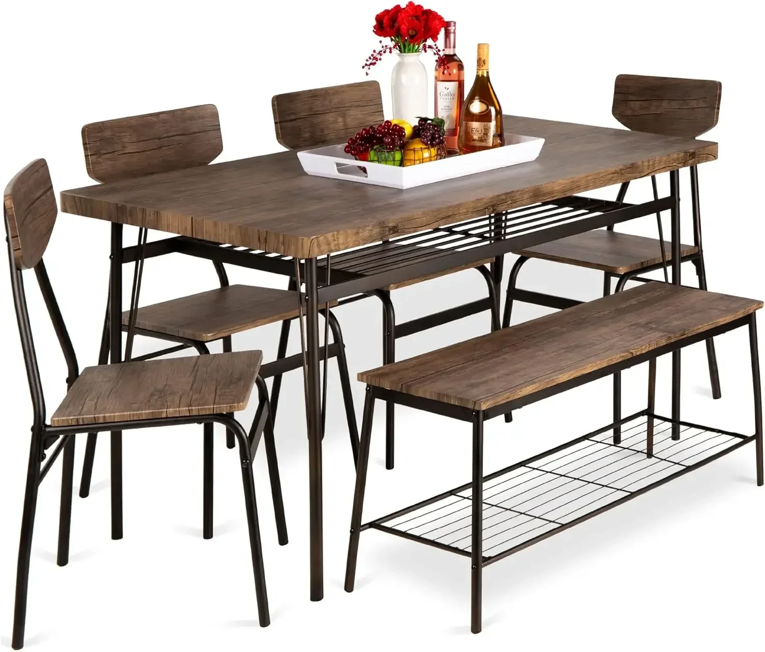 6-Piece 55in Modern Dining Set for Home, Kitchen, Dining Room w/Storage Racks, Rectangular Table, Bench, 4 Chairs, Steel Frame