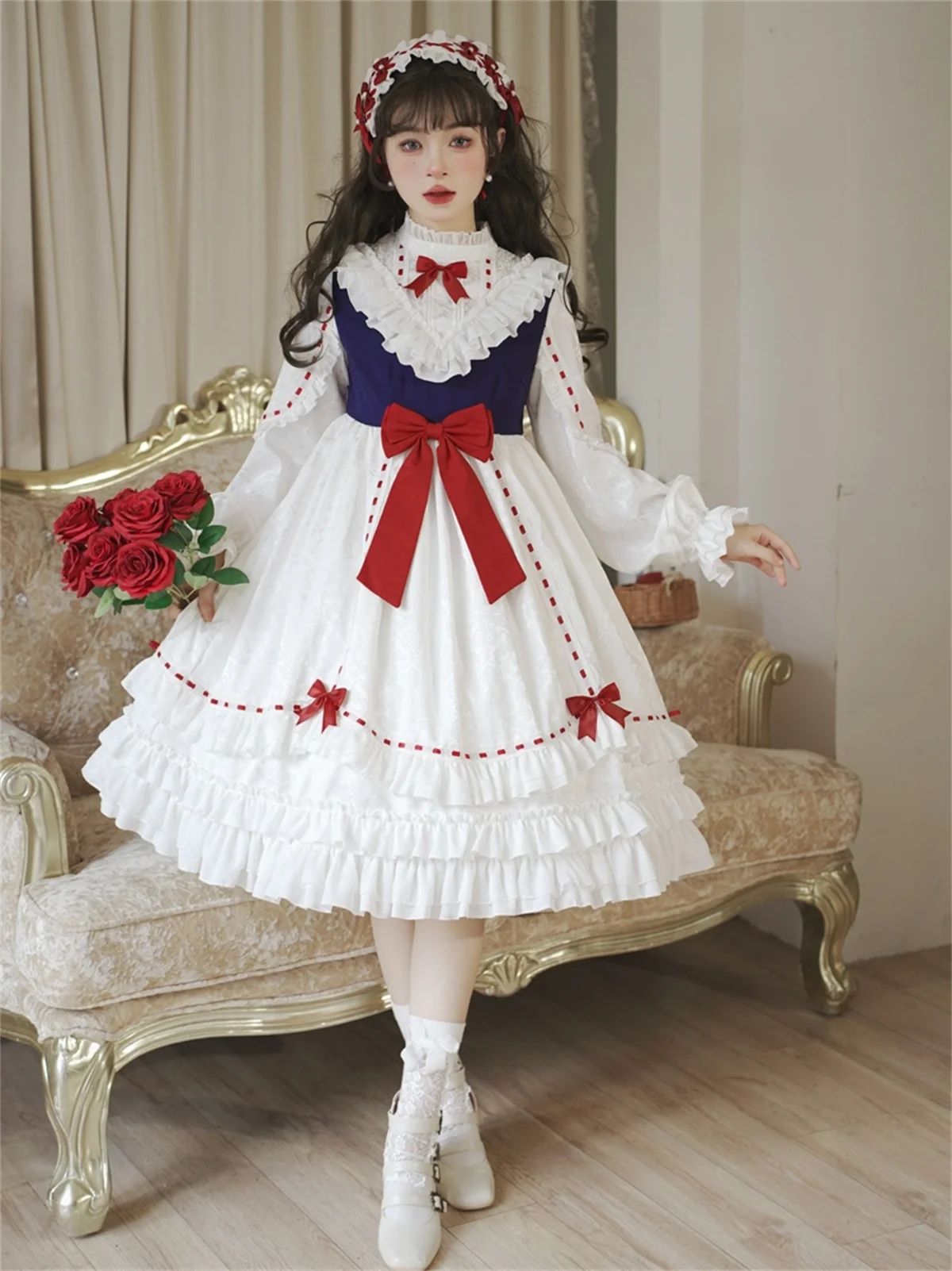 

Japanese Sweet Fairy Tale Style Lolita Girls Cosplay Cute Op Ruffle Ribbon Bowknot Puff Sleeve Fantastic Princess Dress