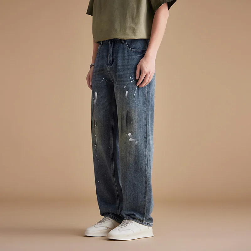 Men High Street Paint Dirty Denim Vintage Fashion Loose Casual Wide Leg Baggy Jeans Pants Cityboy Streetwear Y2k Trousers Man