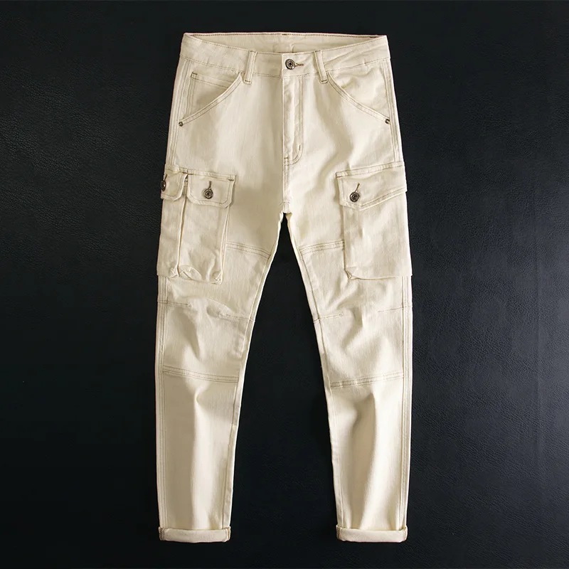 

Multi pocket patchwork jeans for men, slim fit, small legged, motorcycle style denim, trendy beige pants