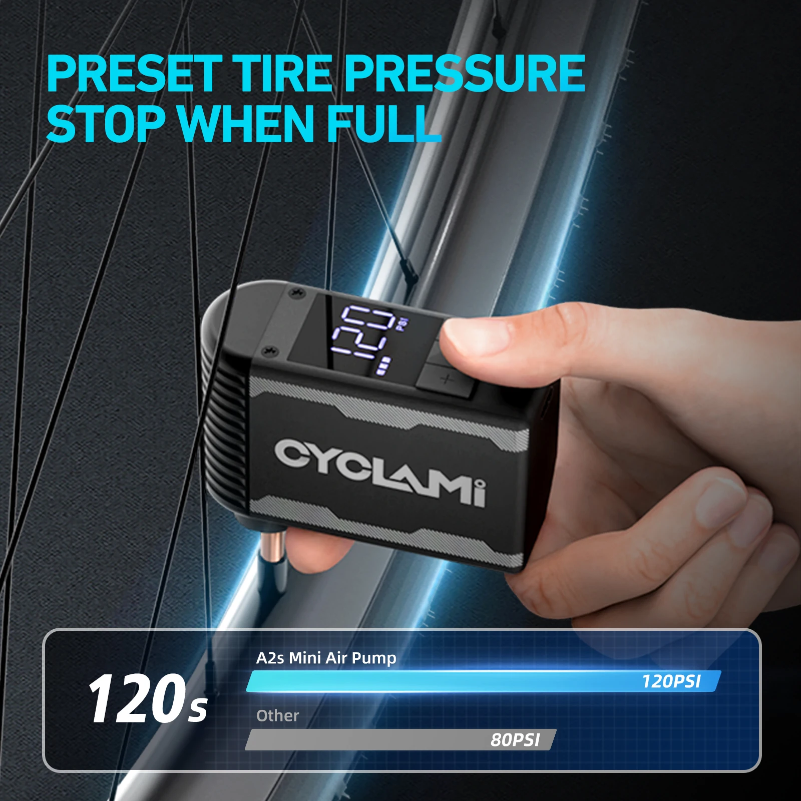 CYCLAMI A2S Mini Electric Air Pump 120 PSI Portable Bicycle Cordless Air Inflator Presta Schrader Valve Outdoor Road MTB Bike