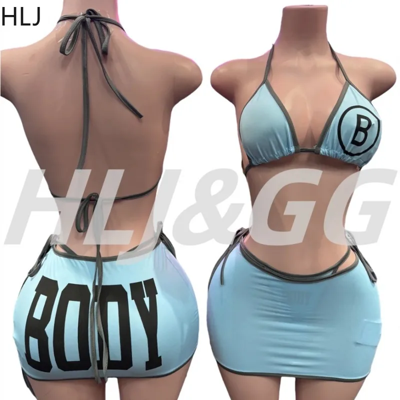 HLJ Sexy Letter Printed 3 Piece Bikini Set Women Backless Trend Bandage Bra + Thong + Skirt Matching Swimwear Female Clothing