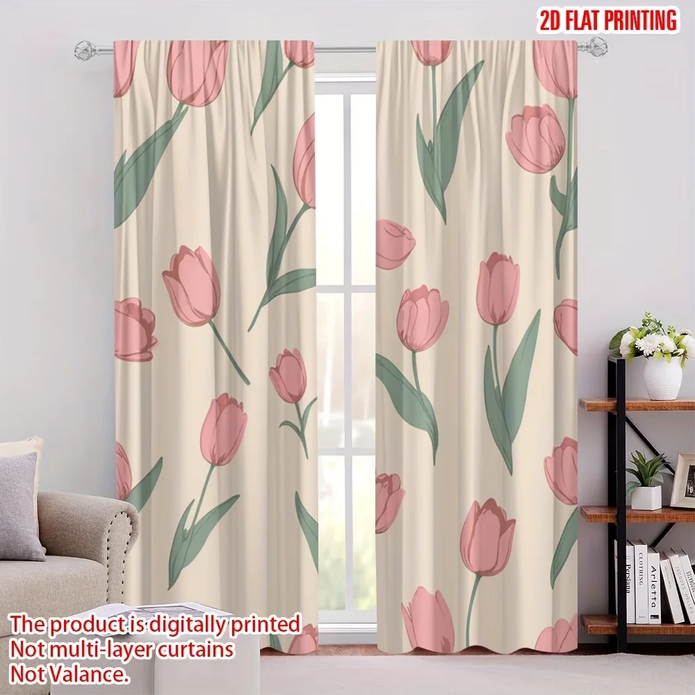 Digital Printed Curtains with Tulip Bouquet Design, Stylish Window Drapes for Living Room Bedroom Home Decoration
