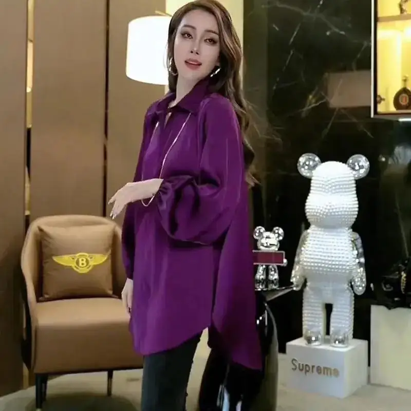 High-end High-end Shirt for Women in Autumn New POLO Collar Solid Color Loose Flesh-covering Mid-length Long Sleeves Shirts