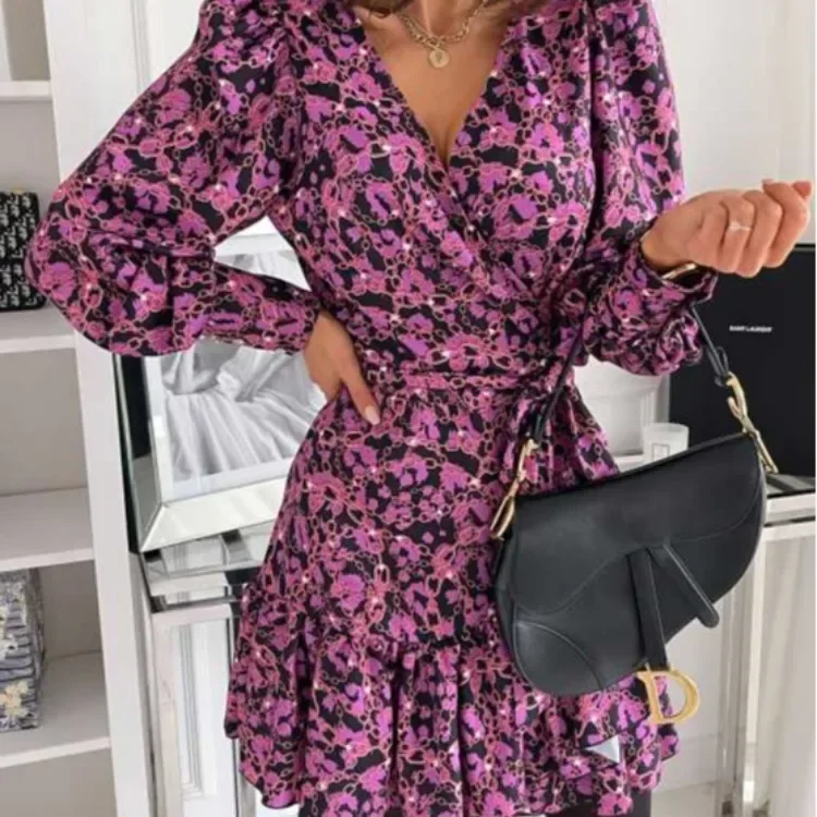 Spring Long Lantern Sleeve Wrap Cottagecore Dress Ruffles Women Elegant  V Neck Red Party Dresses A Line Vestidos Autumn Female