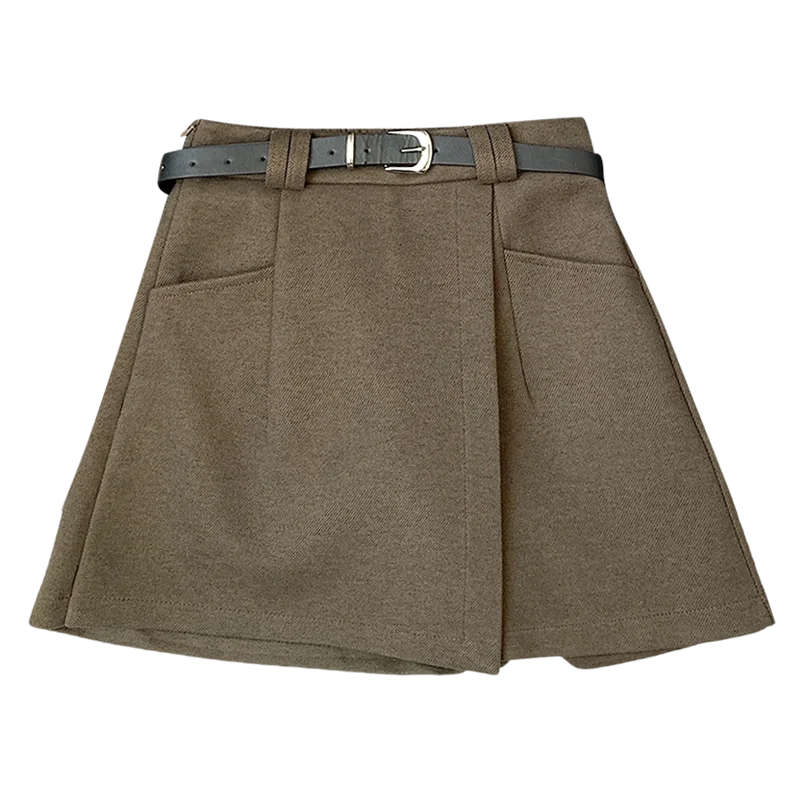 ay Thi Wollrockhose Damen Herbst Winter Oberbekleidung Kleine Größe A-Linie Stiefelhose Asymmetrische Orts