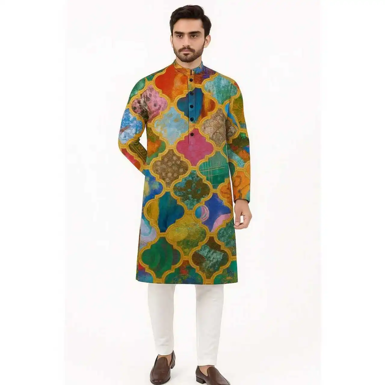 2026 uomo stampa digitale kurta pensiha vestibilità regolare colletto alla coreana lungo adatto a tutte le occasioni come matrimonio Hari Raya Aidilfitri