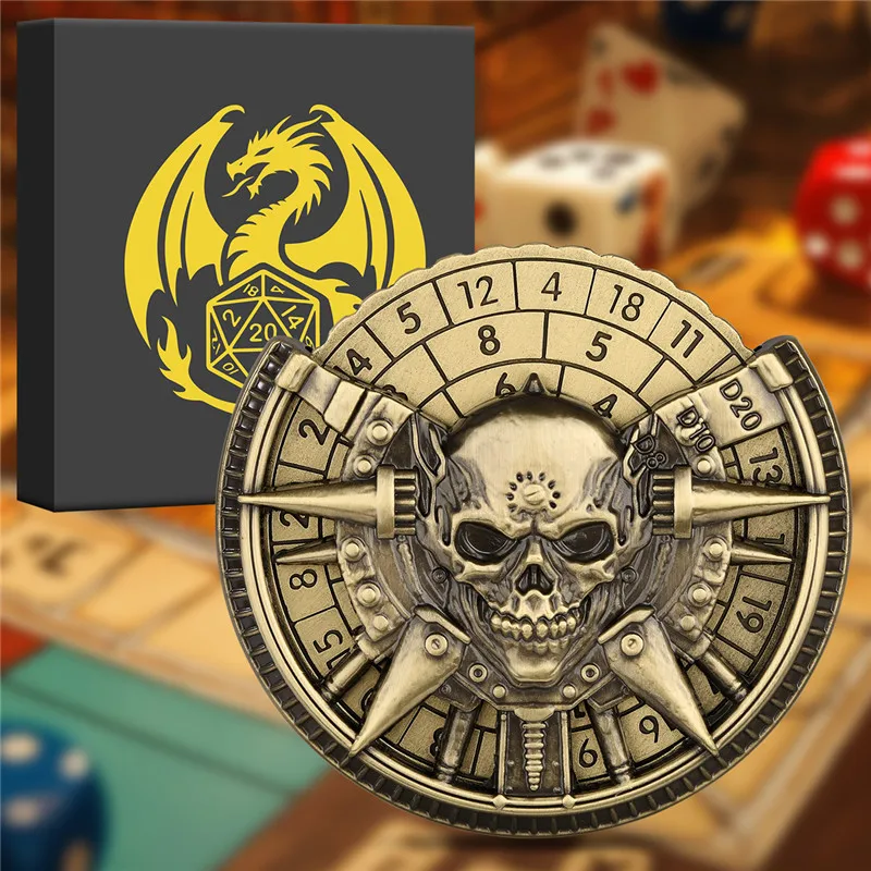 

7-in-1 Skull Head Dice Wheel D4/D6/D8/D10/D12/D20 Turnable Dice Spinner Tabletop Board Game RPG Accessory with Dragon Gift Box
