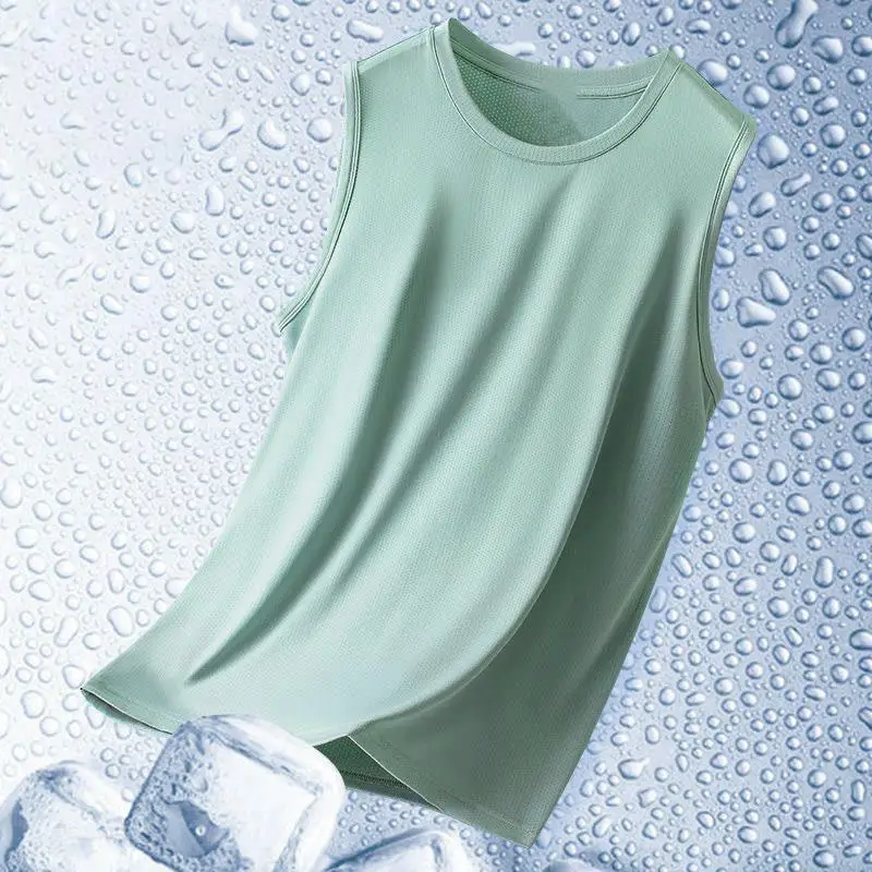Men's Summer Ice Silk Sports Vest Thin Loose Sleeveless T-Shirt Mesh Outerwear Shoulder Pad Shirt Breathable Moisture Wicking