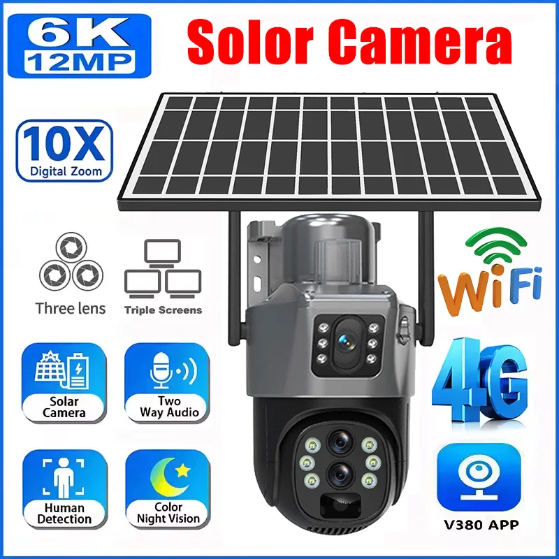 

Three Lens 10X Zoom 4G Wifi Solar Camera Outdoor 6K 12MP Security Surveillance Camera 360 Human Auto Tracking Solar CCTV V380Pro