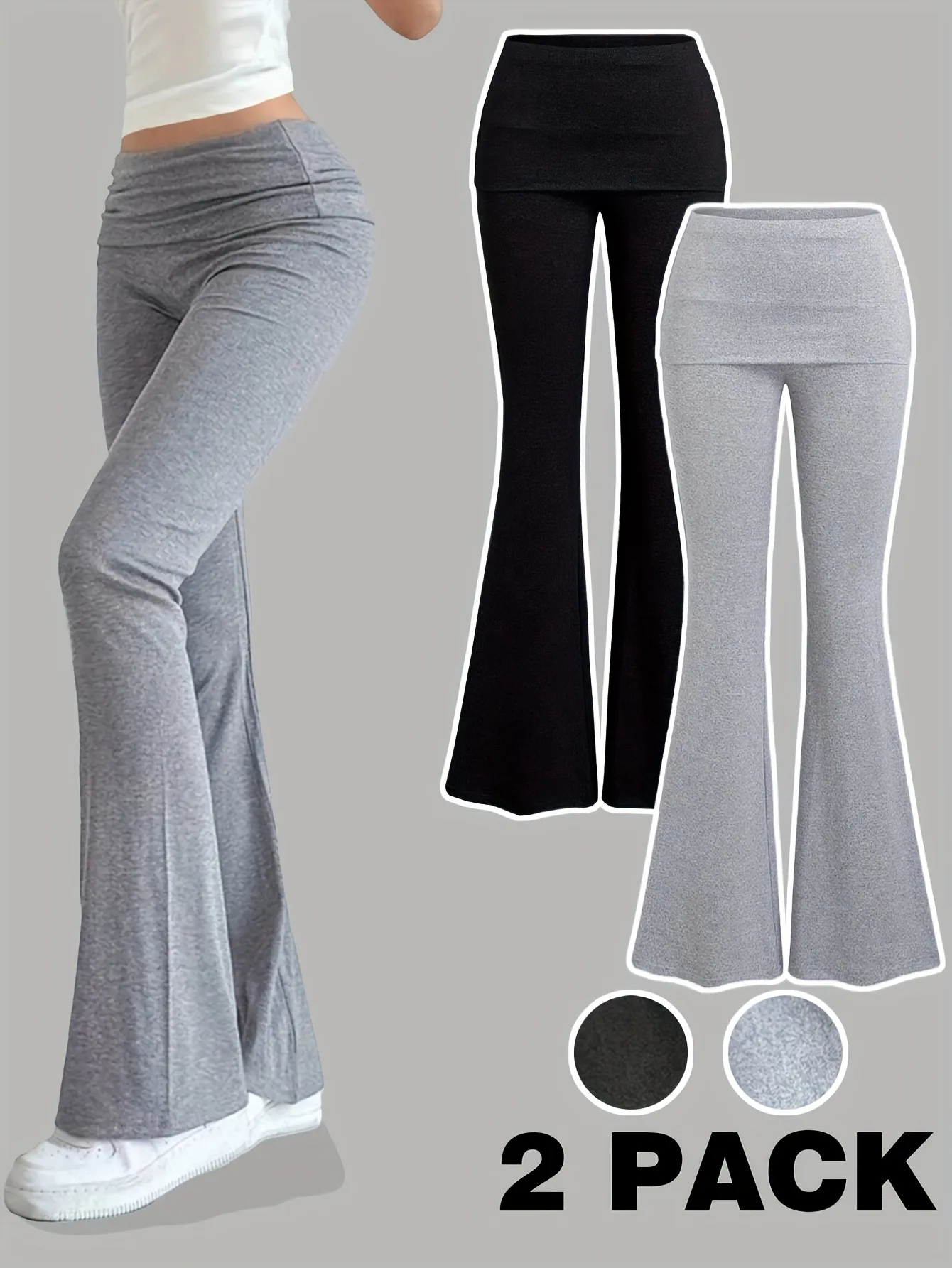 Kids Girls 2-Pack Fold Over High Waist Flare Pants, Soft Stretchy Solid Bell Bottom Casual Trousers 2 Colors Pack