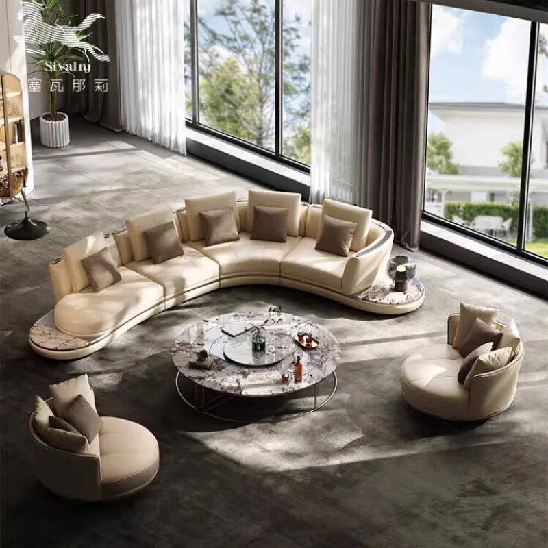 

Custom French Light Luxury Retro Italian Sofa High-End Large Apartment Mansion Living Room Curved Genuine Leather Sofa Set