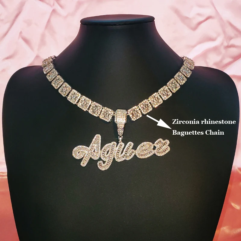 Custom Brush Cursive Iced Out Letter Name Pendant  Word Necklace With Rhinestone Baguettes Chain Drop Shiping