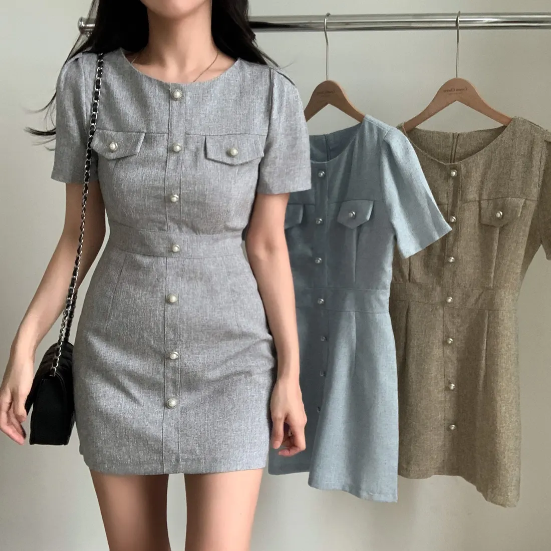 

Elegant summer top mini dress women's high-end feeling rough sleepy bubble sleeve social style dress S