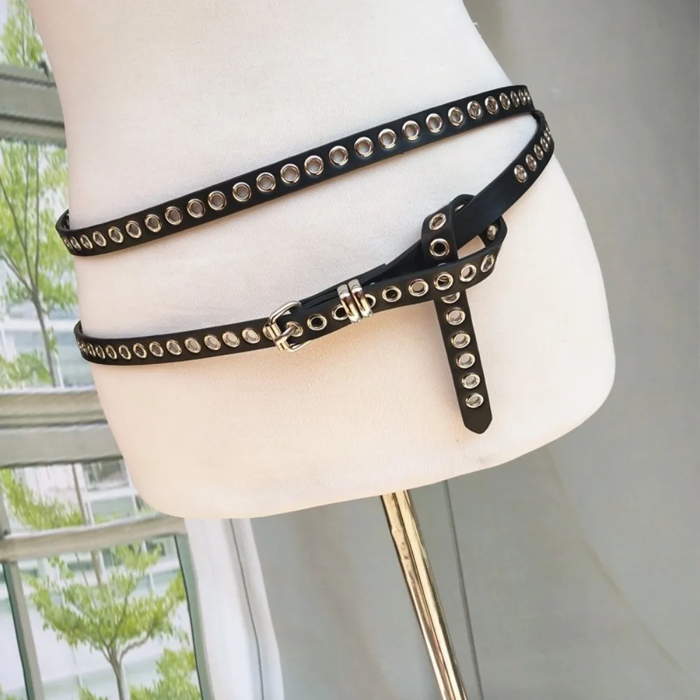Trendy Retro Double Circle Belt Y2K Style Adjustable Needle buckle belt PU Leather Thin Belt for Women