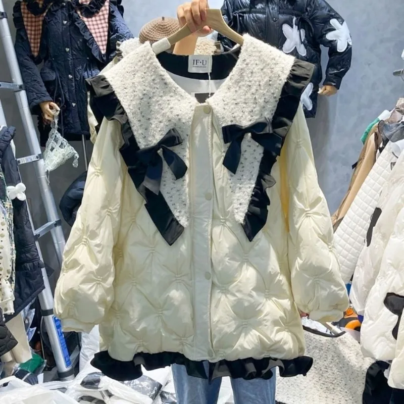 Original Bow Navy Collar Ruffled Cotton Jacket, Winter Diamond-patterned Down Cotton Warm Coat 2026 Thickened Age Reduction Tops